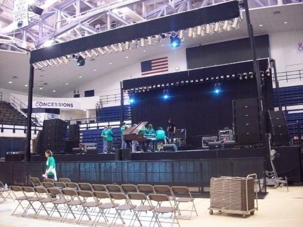 Stage loaded and ready for a performance in Rec Hall